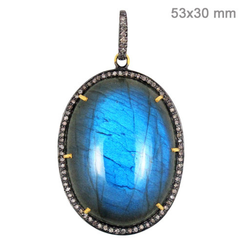 Pave Diamond Labradorite Gold Pendant - 14k Gold, 53x30 mm, Blue | Elegant Design, Precious Stones, Fine Craftsmanship