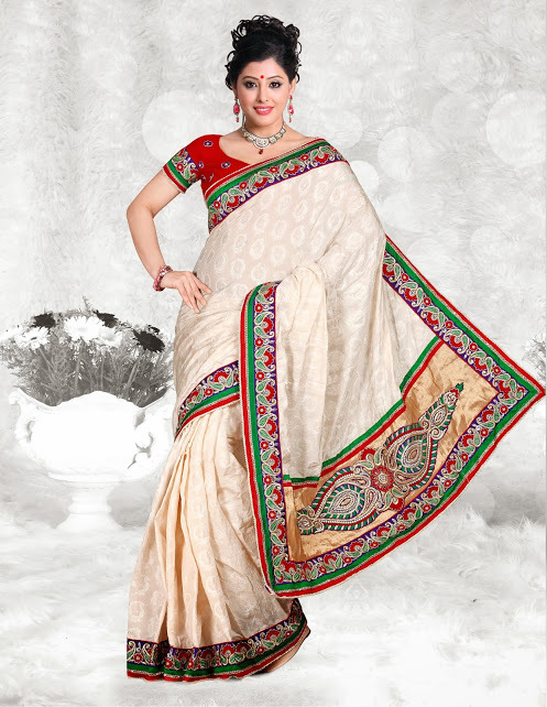 Art Silk Jacquard Saree with Art Silk Blouse - 6.3 Meters, Cream, Lace Resham Stone Work, Unstitched Blouse
