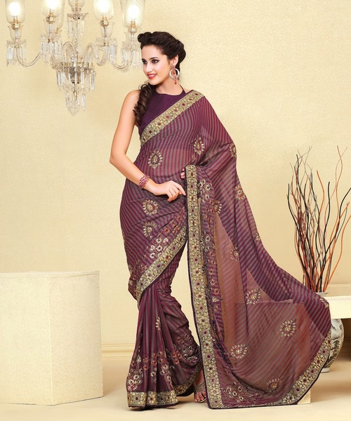 Indian Sarees Online Shopping - Jacquard Saree with Dhupion Blouse, 6.30 Meters, Chocolate, Patch Patta Work, Unstitched Blouse
