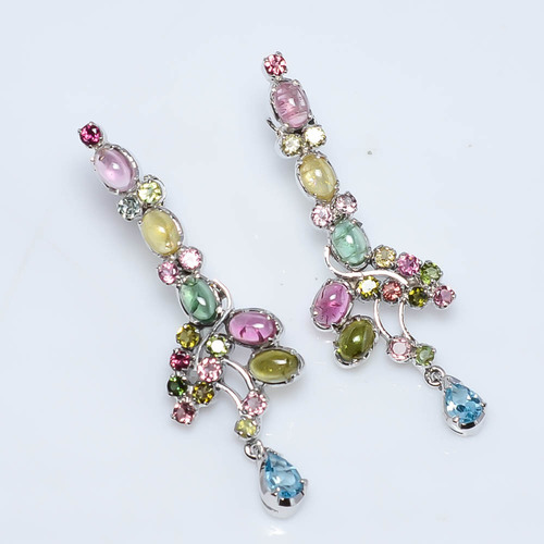 925 Sterling Silver Tourmaline Earrings - Multicolored Dangle, Handmade, Certificate Included
