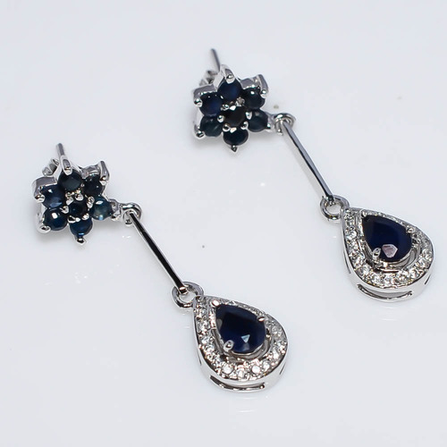 925 Sterling Silver Blue Sapphire & Zircon Gemstone Earring