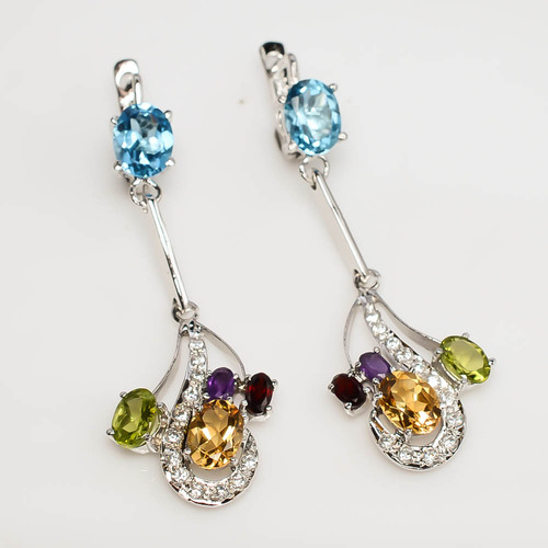 925 Sterling Silver Multi Semi-Precious & Zircon Gemstone Earring