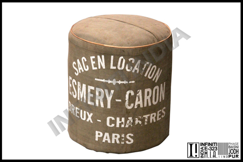 Vintage Canvas Pouf - Fabric, Standard Size, Round Shape | Reclaimed & Antique Style, Durable and Unique Design