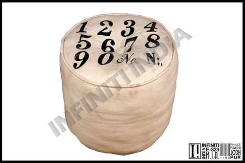 Vintage Canvas Pouf - Fabric Standard Size Round Shape | Crafted with Reclaimed Teakwood & Wrought Iron Elements Antique Inspired Design
