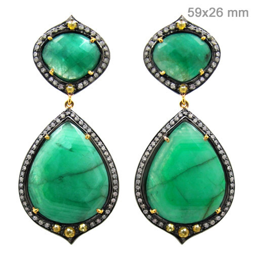 Emerald Diamond Gold Earrings - 14k Gold, 59x26 mm, Green | Elegant Design, Luxury Gemstones, Exquisite Craftsmanship