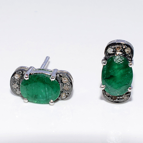 925 Sterling Silver Emerald & Diamond Gemstone Earring