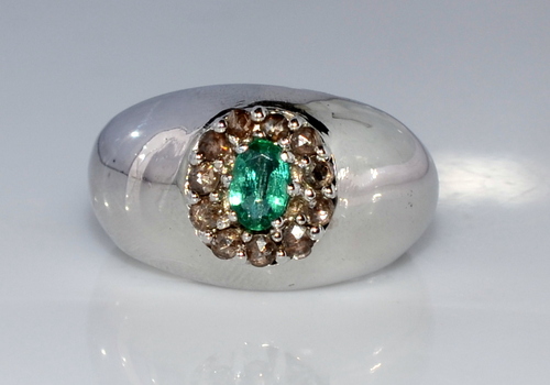 925 Sterling Silver Men's Ring With Emerald & Diamond