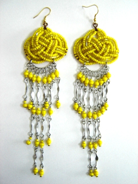 Ear Rings - Beaded Metal, 70 Mm, Yellow | Stylish Design, Elegant, Lightweight, Handcrafted