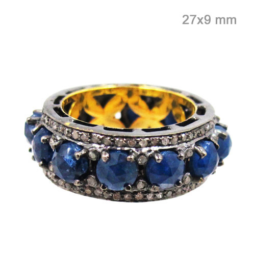 Pave Diamond Blue Sapphire Gold Ring