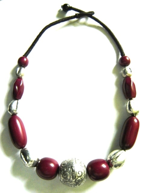 Necklace - Wood and Metal, 16-18 Inches, Burgundy | Adjustable Cord, Stylish, Durable, Versatile