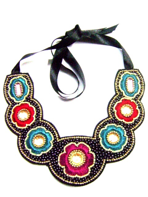 Necklace - Fabric Beads, 16 Inches, Black | Ribbon Tie Closure, Floral Pattern, Stylish Elegant Statement
