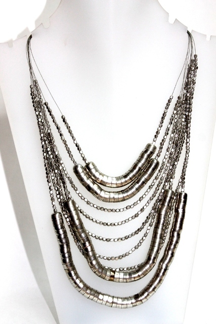 Necklace - Metal & Beaded, 18 Inches, Silver Tone | Elegant Multi-Strand Layered Clasp Design