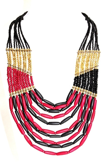Necklace - Glass Beads, 18 Inches, Black with Red Accents | Multi-Strand, Elegant Beaded Drawstring Closure