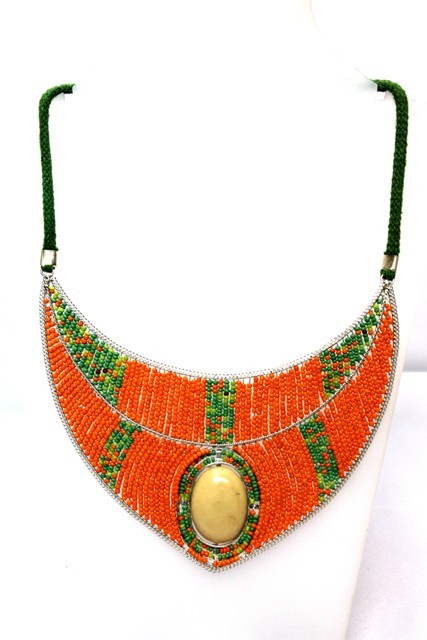 Necklace - Beads and Metal, 16 Inches, Orange | Drawstring Closure, Elegant Design, Bead Embellishment, Unique Style