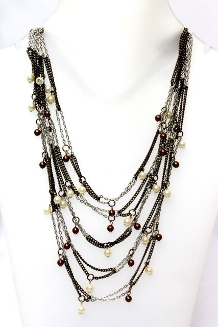 Necklace - Metal and Pearl, 18 Inches, Silver | Elegant Multi-Layered Design with Pearl Accents, Lobster Clasp
