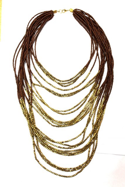 Necklace - Beads and Metal, 18 Inches, Brown and Gold | Elegant Layered Stylish Accessory, Durable Material