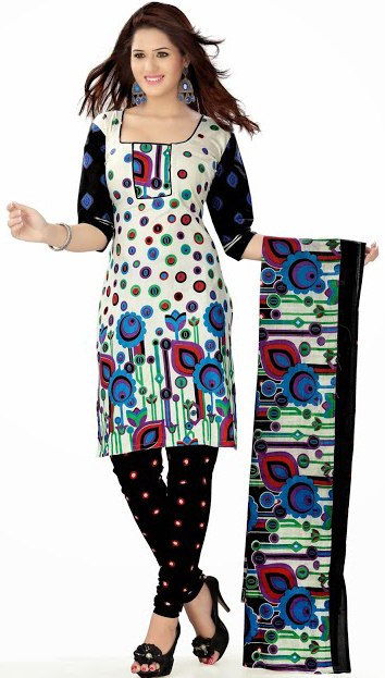 Dress Material Online - Cotton, Free Size 2.5m Top & Bottom, Off-White Black, Printed Design