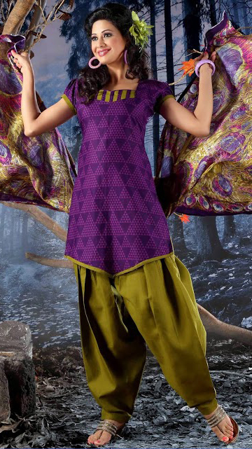 Patiala Suits For Women - Cotton Unstitched Dress Material, Free Size, Purple Top, Mehandi Bottom, Multicolor Dupatta, Stylish Comfortable