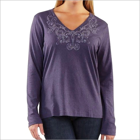 Ladies Knitted T-Shirts - Cotton Blend, S-XXL, Purple | Soft Fabric, V-Neck, Long Sleeves, Embroidered Detail