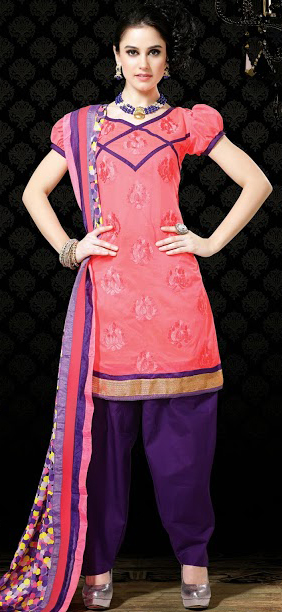 Unstitched Indian Suits - Chanderi Cotton Blend, Free Size Up to 42", Peach Top, Purple Bottom, Multicolor Dupatta, Embroidered Patch Patta