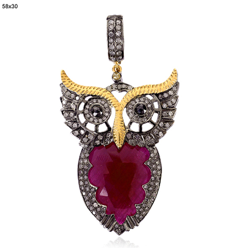 18 k Gold Diamond Gemstone Owl Pendant Jewelry