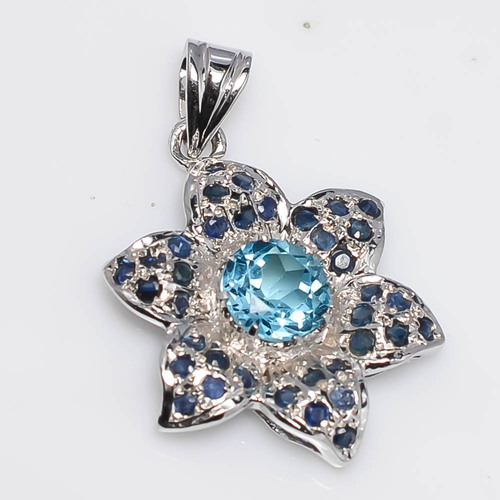 925 Sterling Silver Blue Topaz & Blue Sapphire Gemstone Pendant