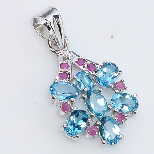 925 Sterling Silver Blue Topaz & Ruby Gemstone Pendant