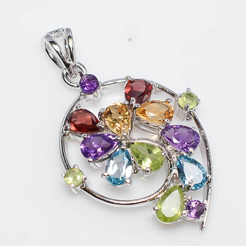 925 Sterling Silver Multi Semi-Precious Gemstone Pendant