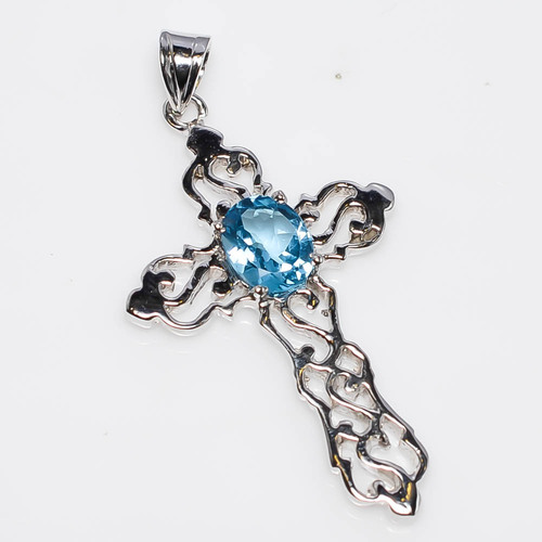 925 Sterling Silver Blue Topaz Gemstone Cross Pendant