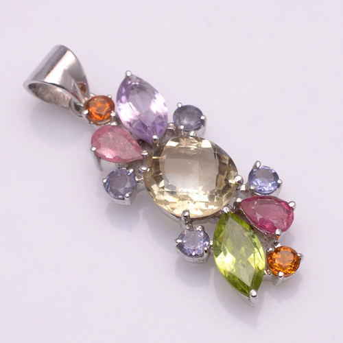 925 Sterling Silver Multi Semi-Precious Gemstone Pendant