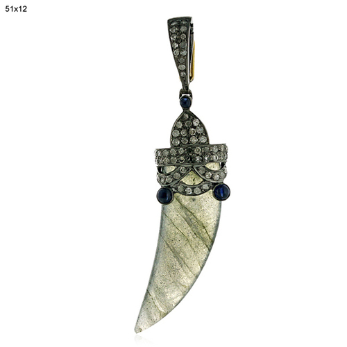 18K Gold Silver Diamond Gemstone Horn Pendant Weight: 7.336 Grams (G)
