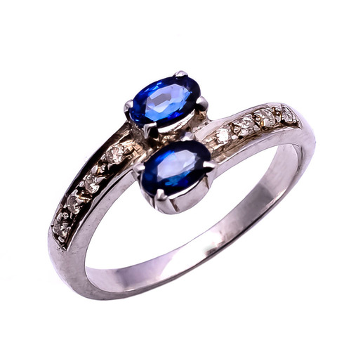 925 Sterling Silver Blue Sapphire & Diamond Gemstone Ring