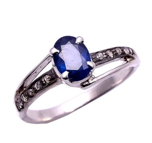 925 Sterling Silver Blue Sapphire & Diamond Gemstone Ring