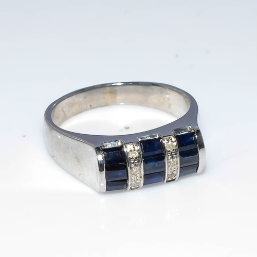 925 Sterling Silver Blue Sapphire & Diamond Gemstone Ring