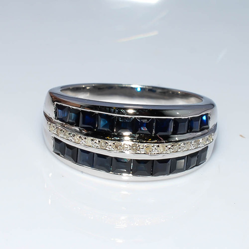 925 Sterling Silver Blue Sapphire & Diamond Gemstone Ring