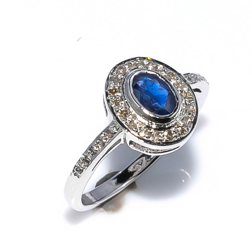 925 Sterling Silver Blue Sapphire & Diamond Gemstone Ring