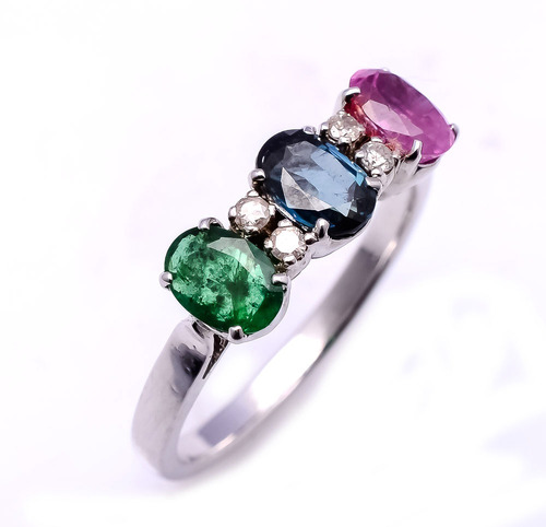 925 sterling silver Ruby,Emerald,Sapphire & Diamond Gemstone Ring