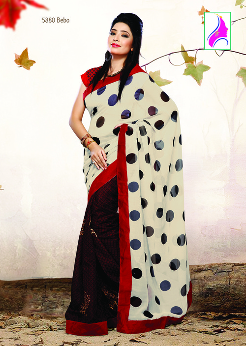 Cream & Maroon Shaded Designer Printed Fancy Saree