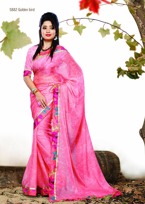 Attractive Peach Chiffon Designer Fancy Saree