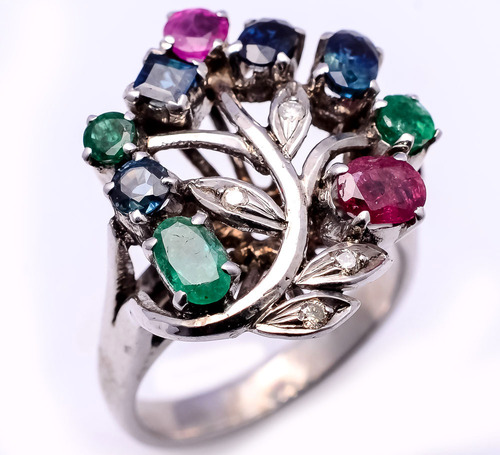 925 Sterling Silver Ruby, Emerald, Sapphire & Diamond Gemstone Ring
