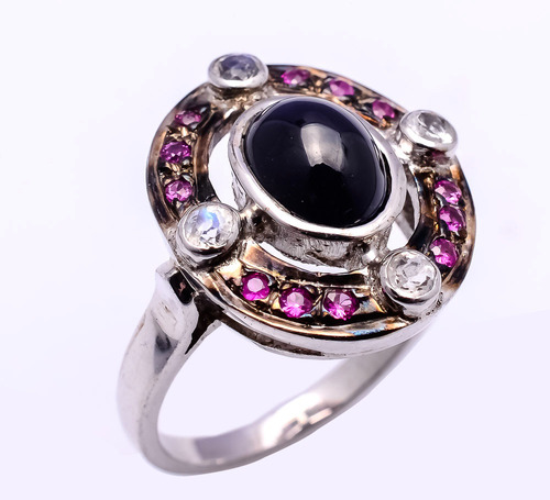 925 Sterling Silver Blue Sapphire, Ruby. & Diamond Gemstone Ring