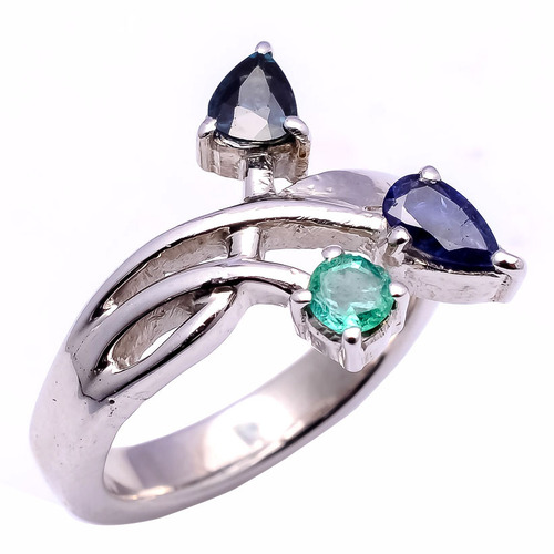 925 Sterling Silver Blue Sapphire & Emerald Gemstone Ring