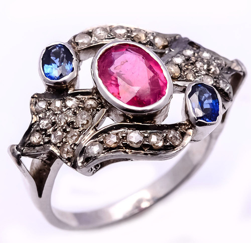 925 Sterling Silver Ruby, Blue Sapphire, & Diamond Gemstone Ring