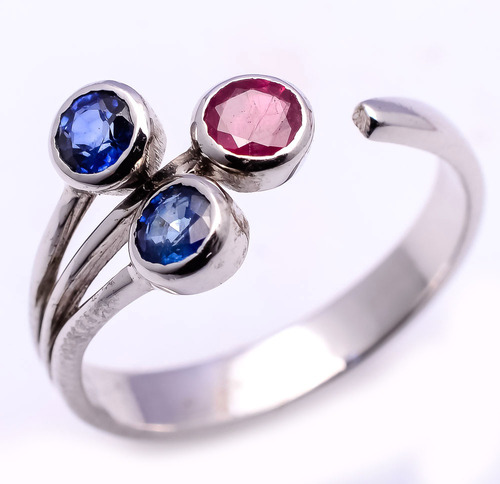 925 Sterling Silver Blue Sapphire & Ruby Gemstone Ring