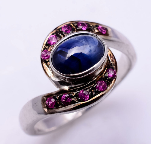 925 Sterling Silver Blue Sapphire & Ruby Gemstone Ring