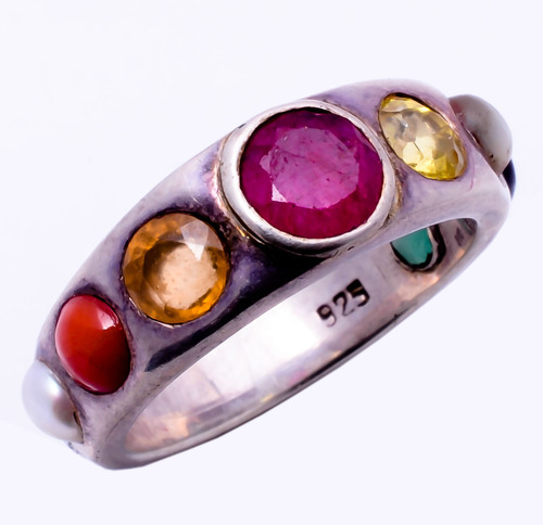 925 Sterling Silver Navratna(Nine Gems) Gemstone Ring