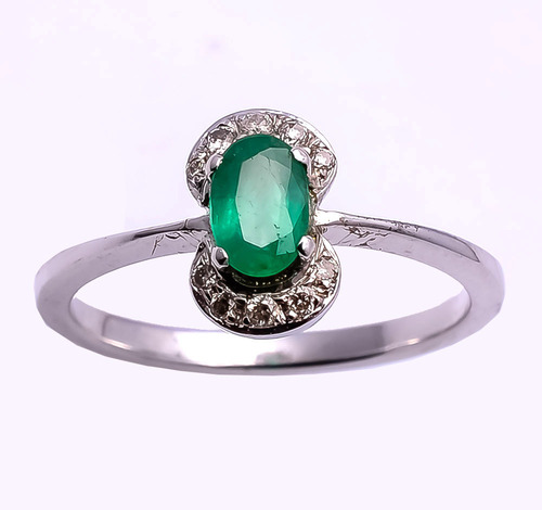 925 Sterling Silver Emerald & Diamond Gemstone Ring