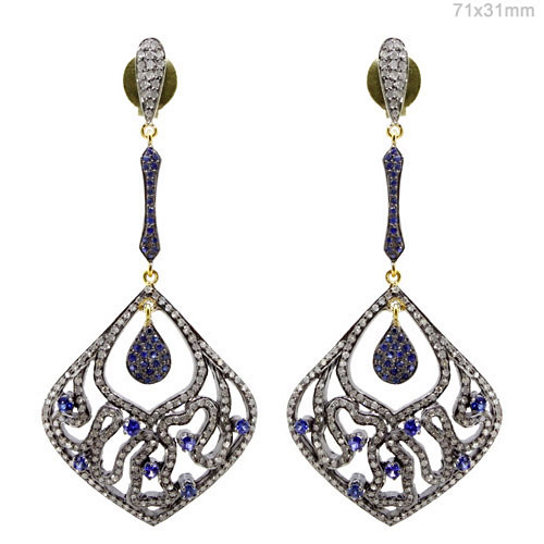 Pave Diamond Blue Sapphire Gold Earrings