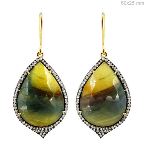 Multi Sapphire Diamond Gold Earrings - 14k Gold, 60x25/30x20 mm, Multi Sapphire, 1.79 CTS Diamond, 1.444 gms Gold, 4.88 gms Silver, Elegant Design, Gemstone Accents