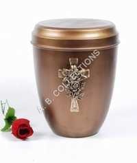 Metal Cremation Urn - 27 Cm, 3.00 Liter Capacity | Matte Brown Finish With Nickel Antique Applique, Religious Design
